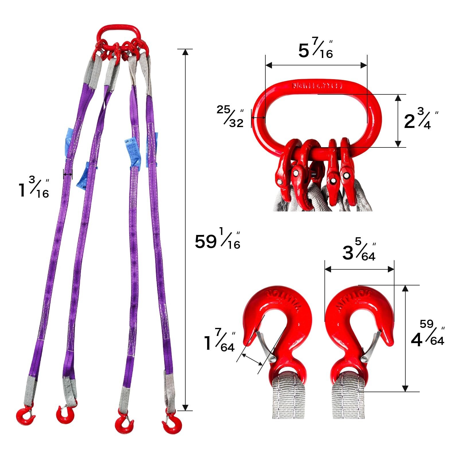 Four Leg Bridle Web Sling 5ft 6600lbs Lifting Slings with G80 Grab Hooks