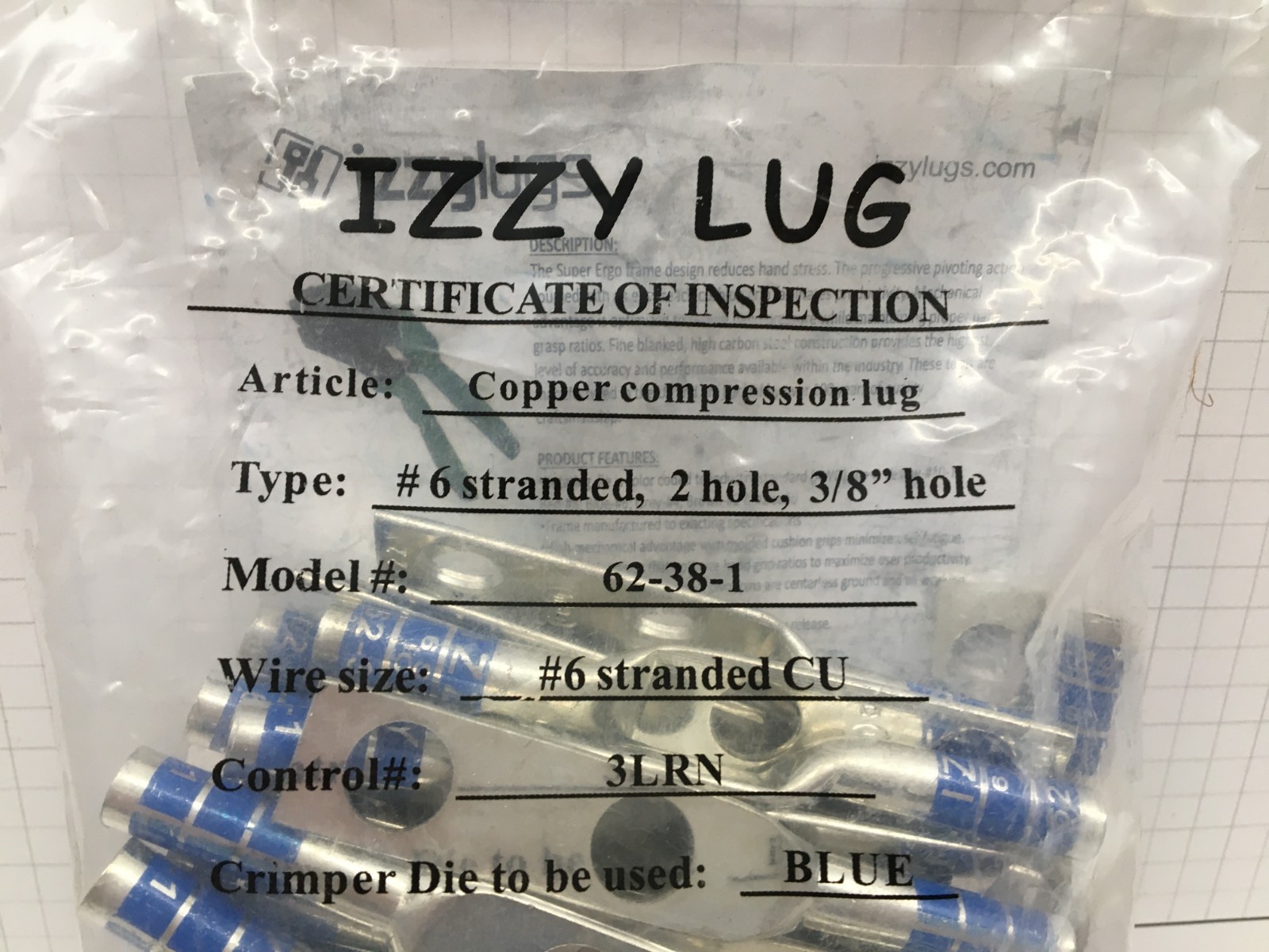 Izzy 62-38-1, #6 AWG Lug, 2 hole, 3/8″ Holes, 1″ OC, Long Barrel – 50 pcs