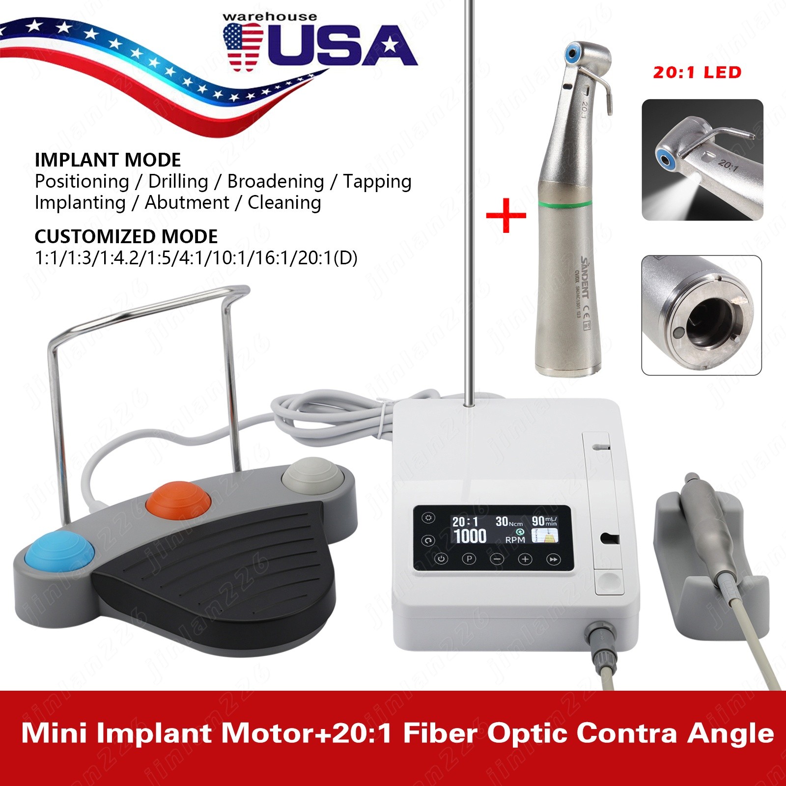 Dental Implant Motor Brushless Surgical System+20:1 LED Handpiece Contra Angle