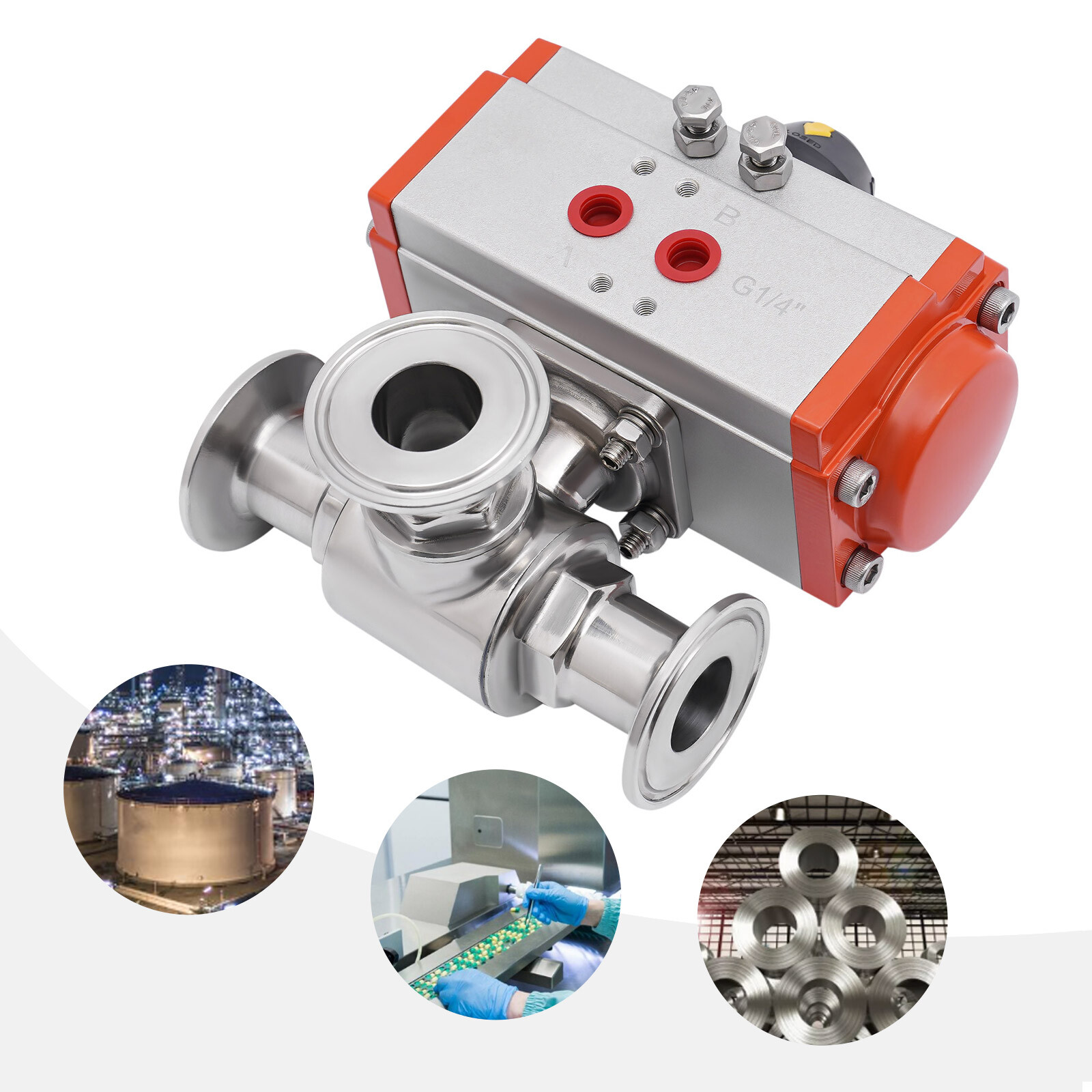 Three way L-port Tri-Clamp Pneumatic Ball Valve 1″ Sanitary Stainless 304 NEW