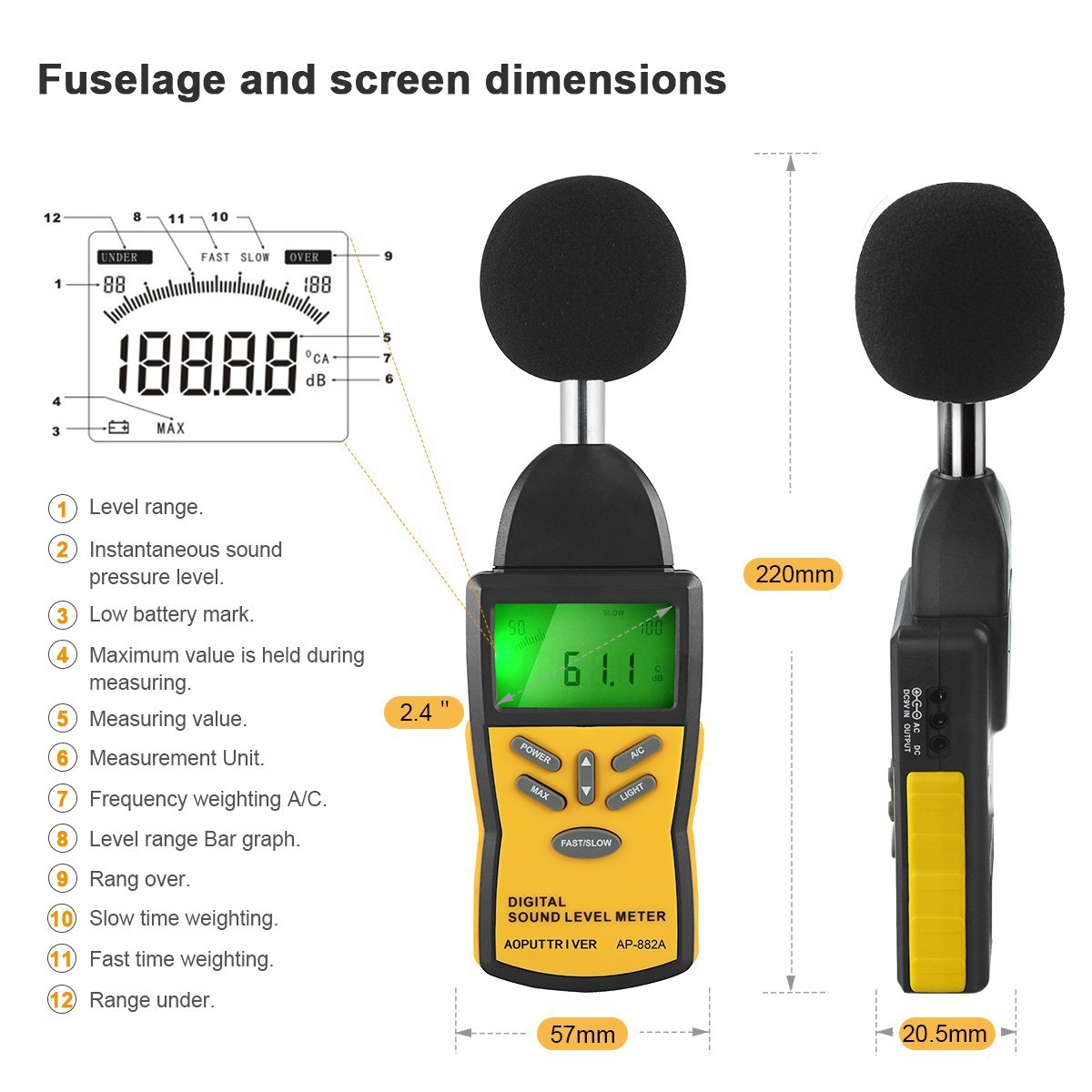 Digital Sound Level Meter 30-130DB Noise Volume Decibel Tester A/C Fast/Slow US