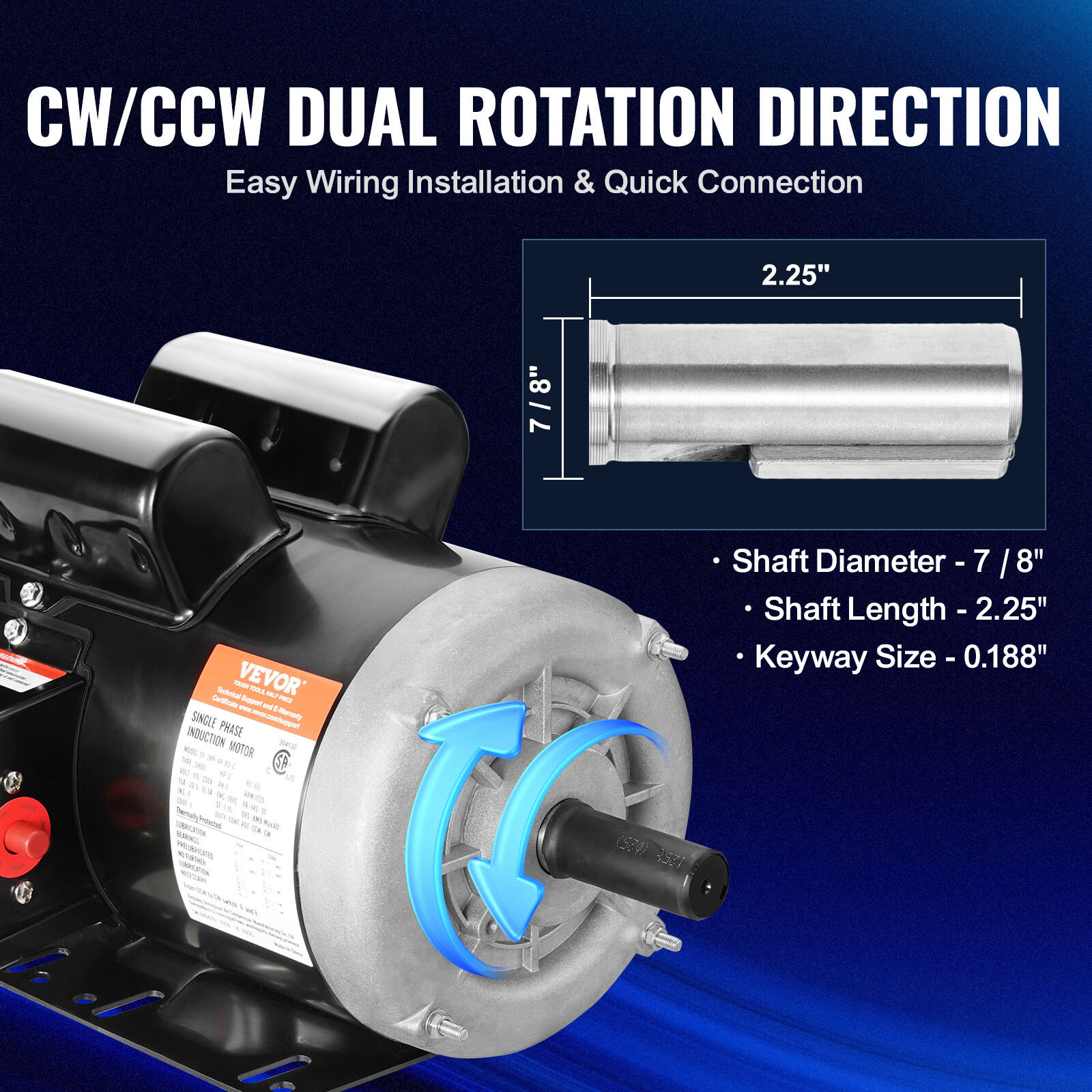 VEVOR 2HP Electric Motor 1725RPM 143/5T Frame 1-Phase 7/8″ Key Shaft 115/230V