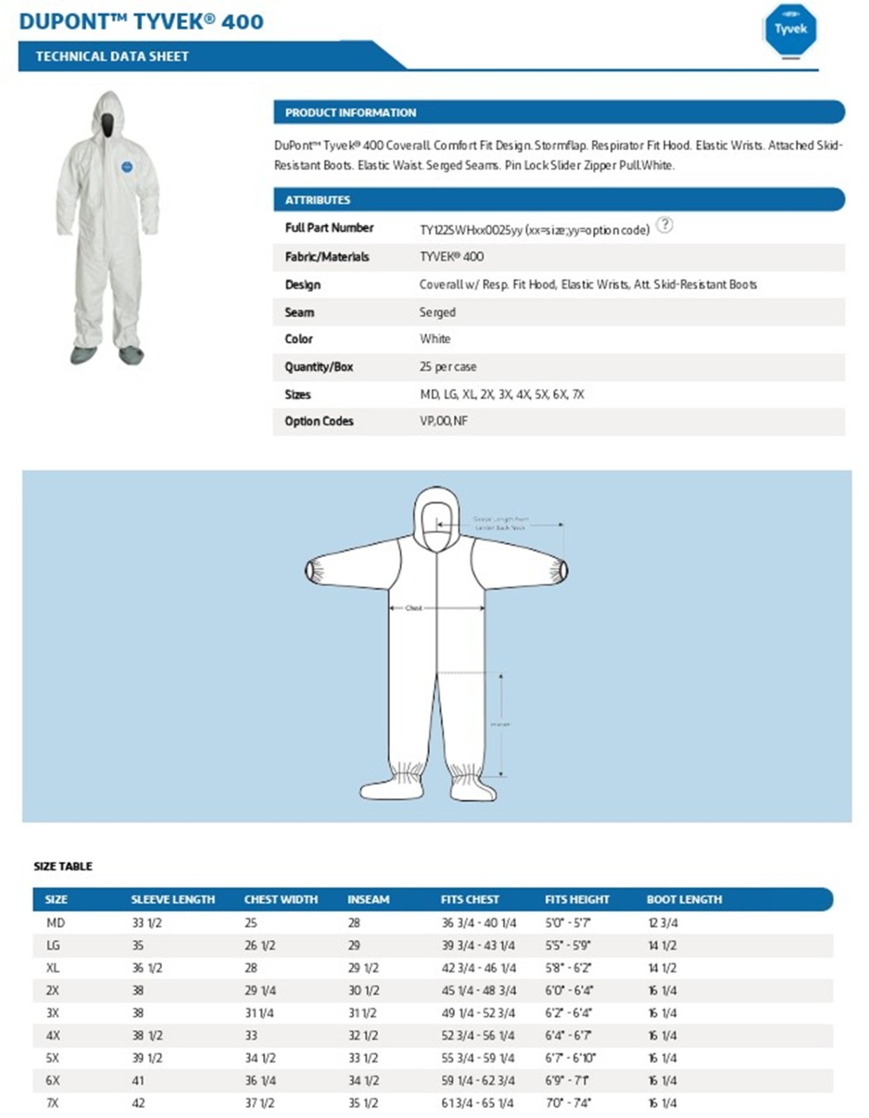 Dupont Tyvek 400 Disposable Protective Coverall Case 25 TY120/122/127SWH2500
