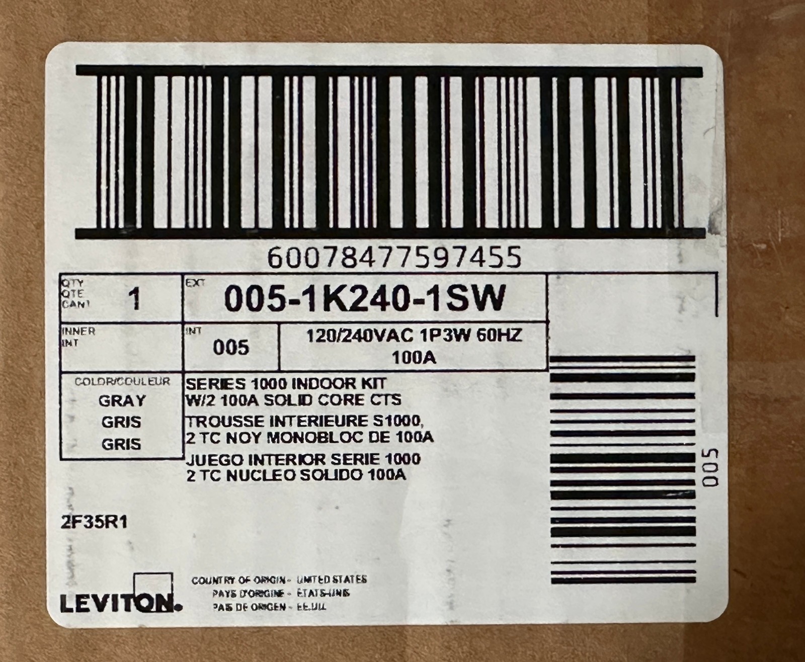 Leviton 1K240-1SW Series 1000 120/240V 100A 1P3W Indoor Kit 2 Solid Core CTs,