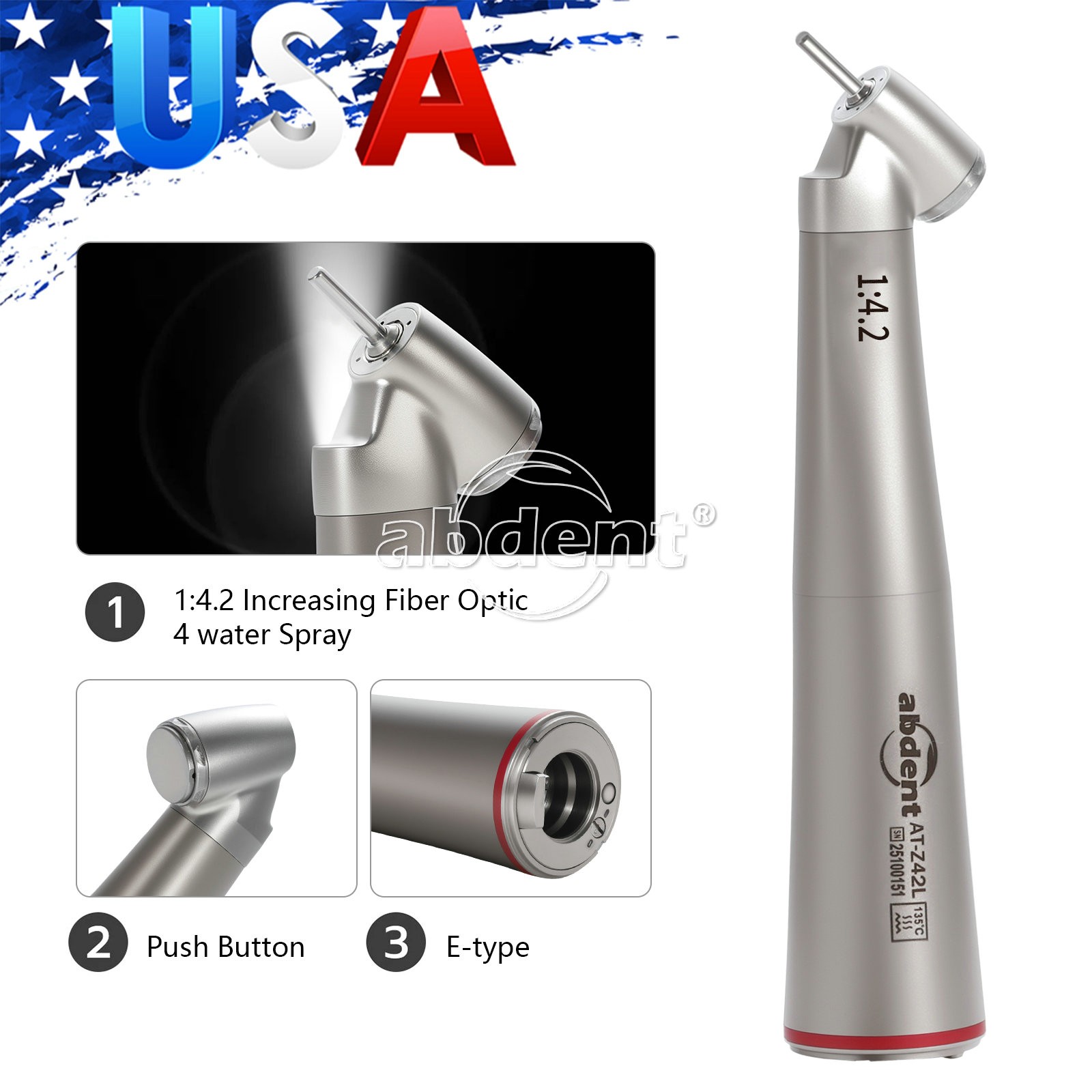 AbDent Dental 45° Contra Angle LED Optic 1:4.2 Handpiece Quattro Spray AT