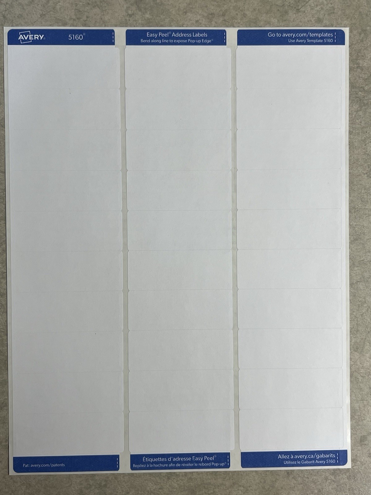 AVERY #5160 LASER 10 SHEETS 300 TOTAL ADDRESS LABELS 1” X 2 5/8”