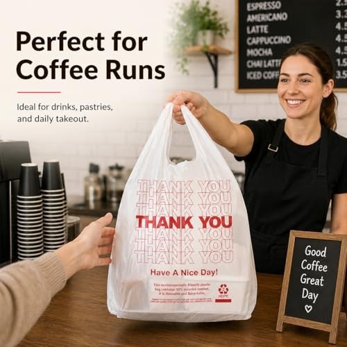 1000 Pack White Thank You T-Shirt Bags with Handles – 11″x6″x21″ Plastic Grocery