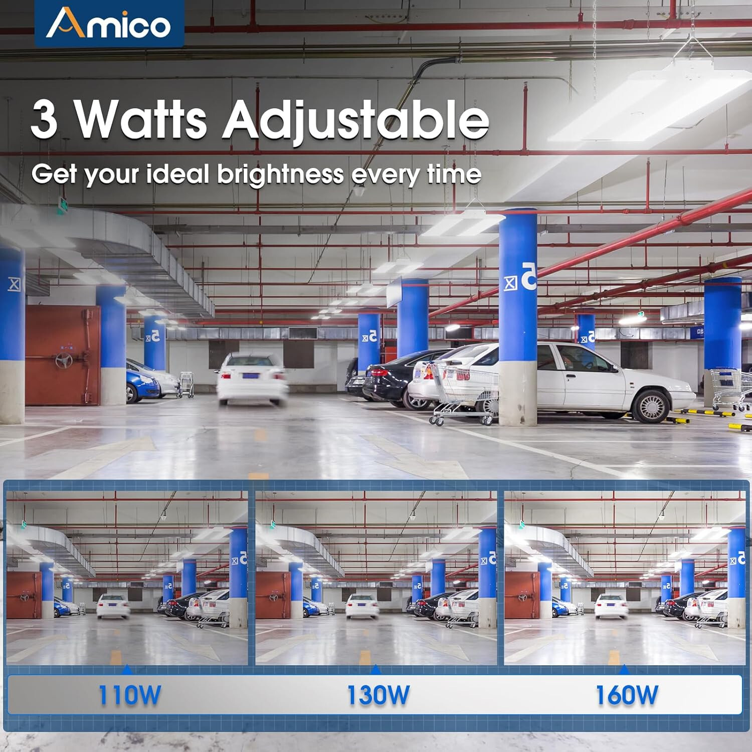 LED Bay Light, 20800 Lm, Dimmable, Selectable 110W/130W/160W, 3500K/4000K/5000K
