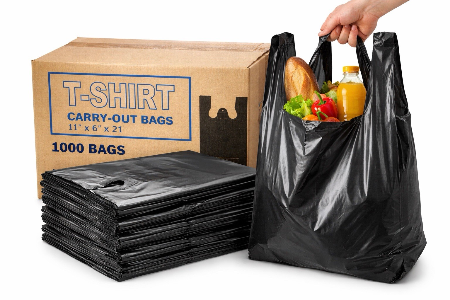 Black T-Shirt Carry-Out Bags 11x6x21 in Tear Resistant 1000 Pack