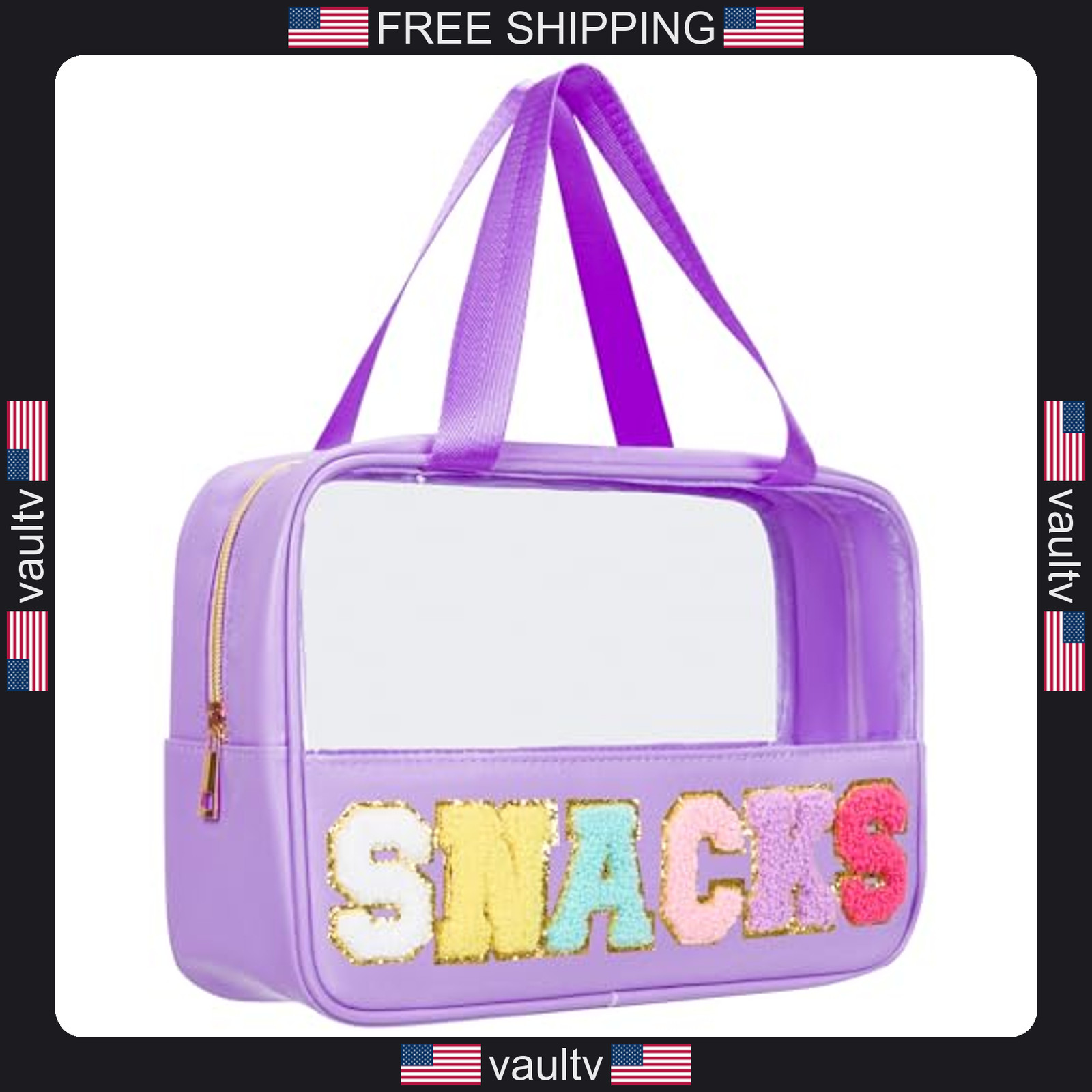 Snack Bags Chenille Letter Patch Clear Bag for Travel, Preppy Cosmetic Bag