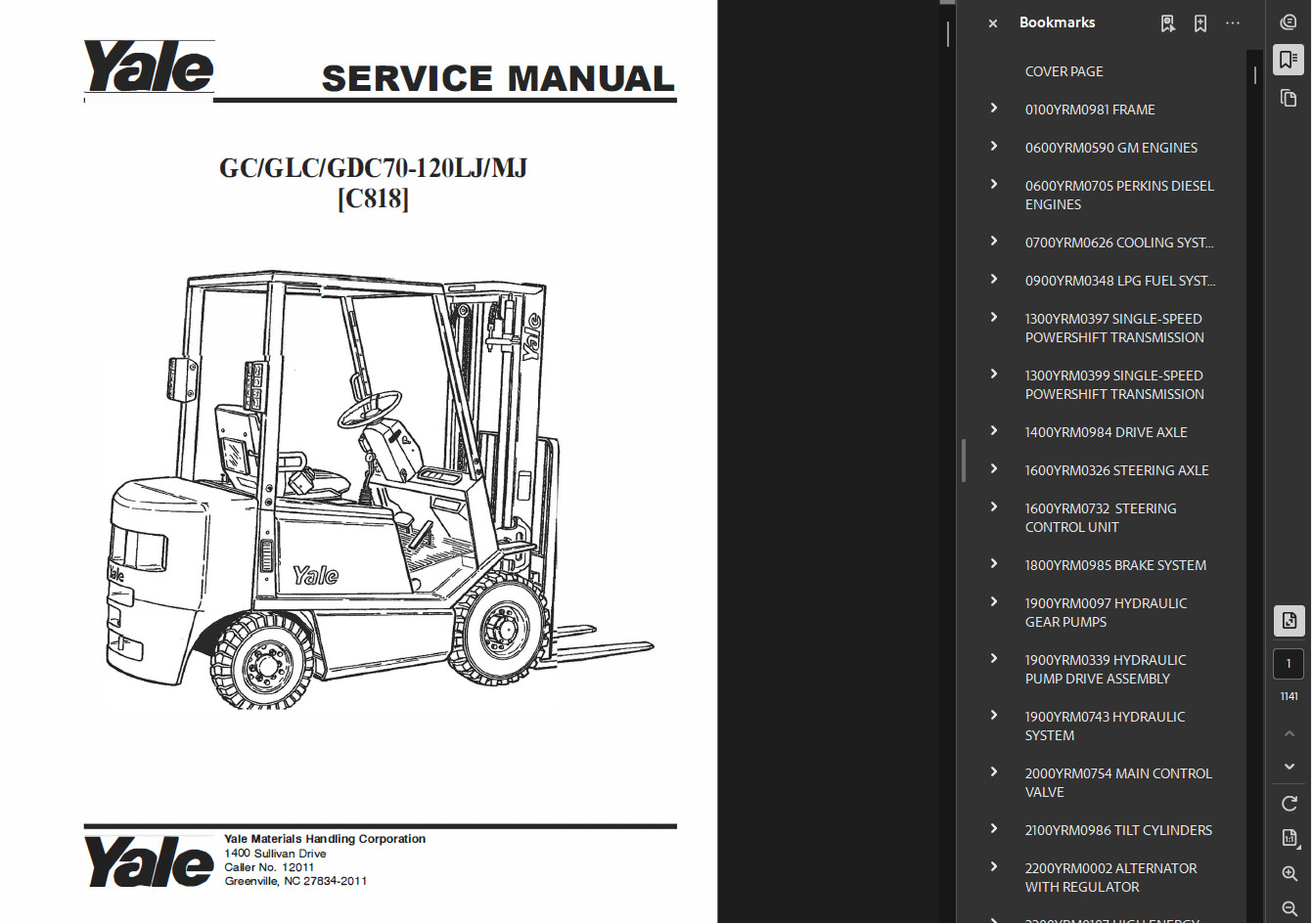YALE C818 GC100MJ FORKLIFT SERVICE REPAIR MANUAL PDF ON USB NOT PRINTED