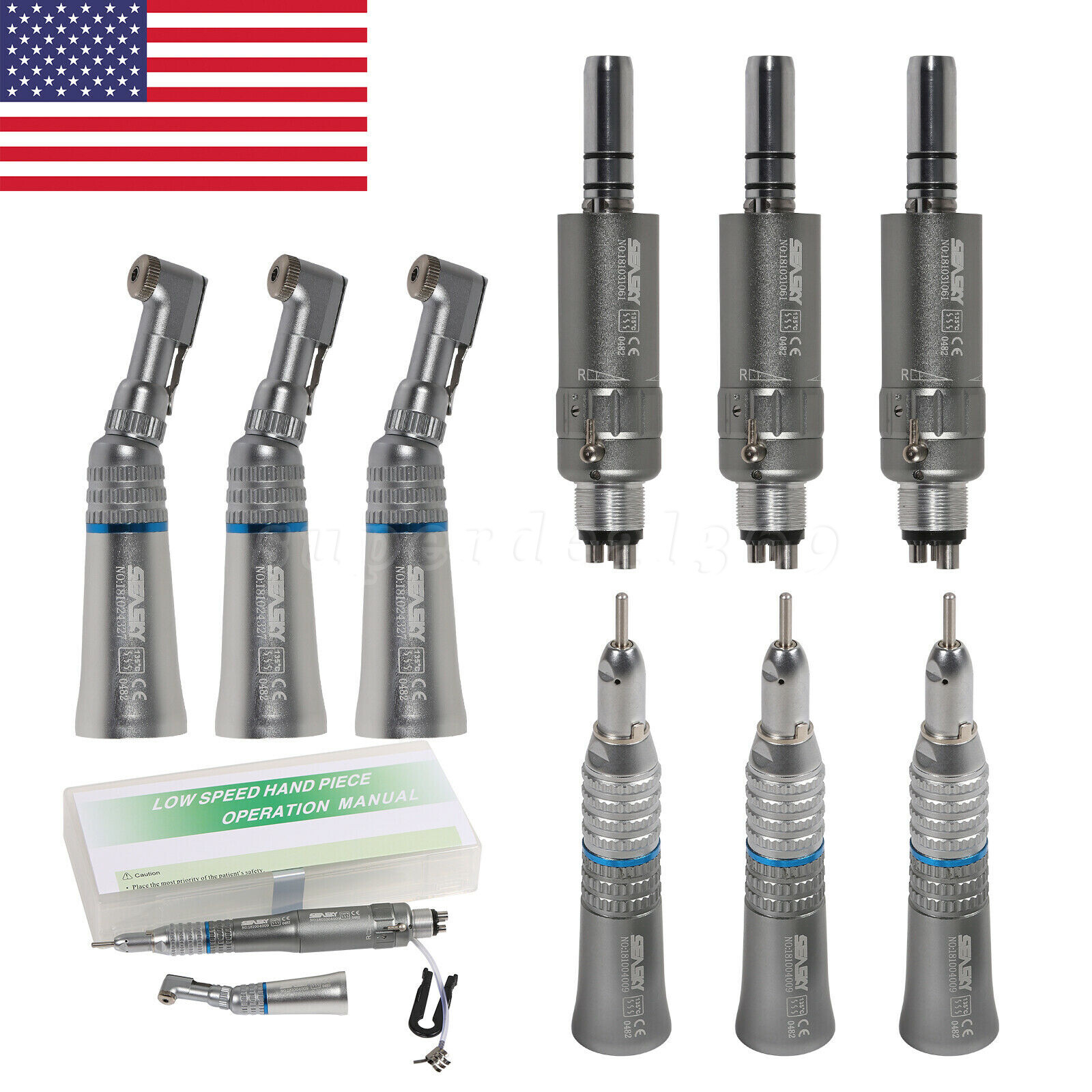 Dental Slow Speed Handpiece 4-Hole Contra Angle Straight Air Motor Kit Latch
