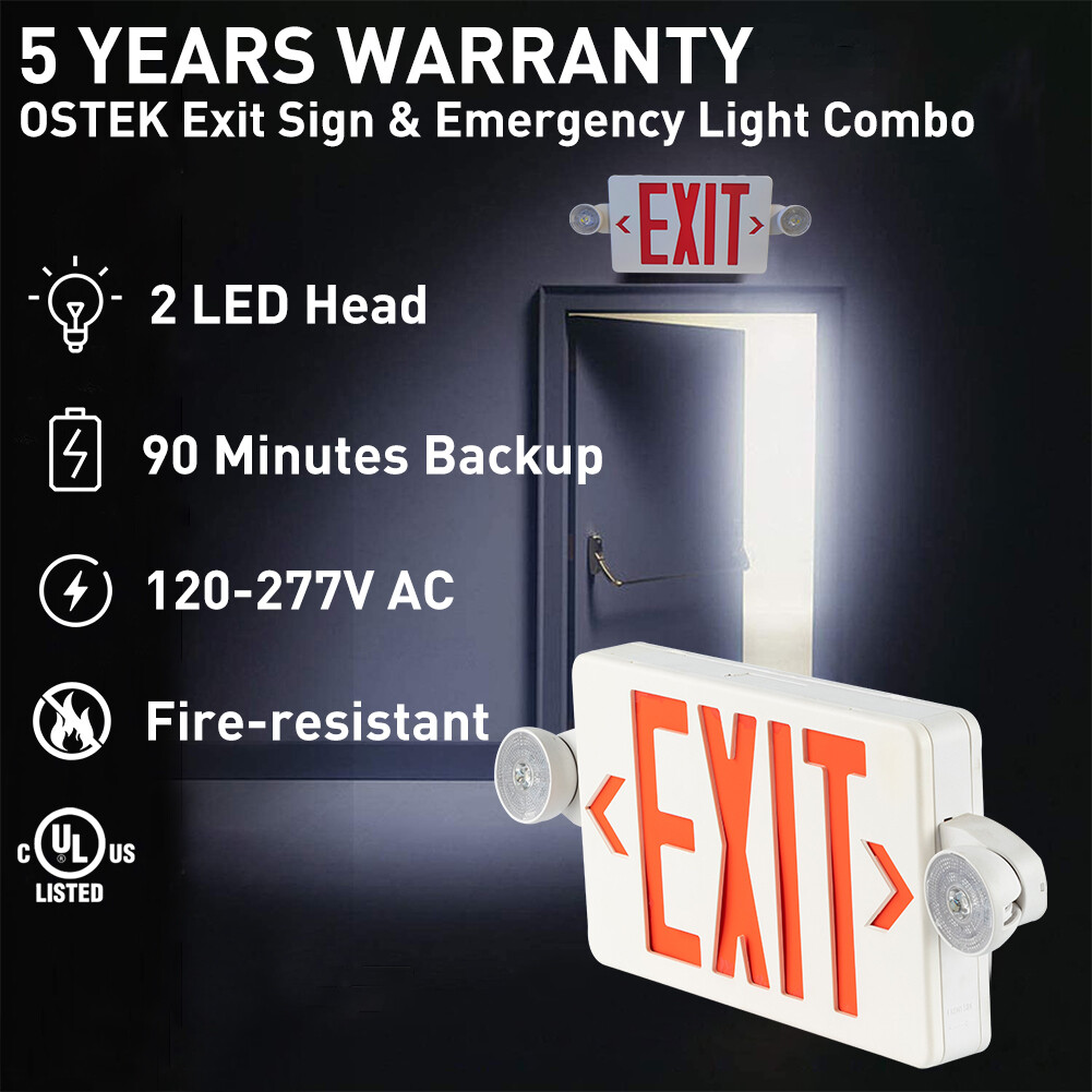 Red LED Exit Sign & Emergency Light – Dual LED Lamp UL-94 Fire Resistance light