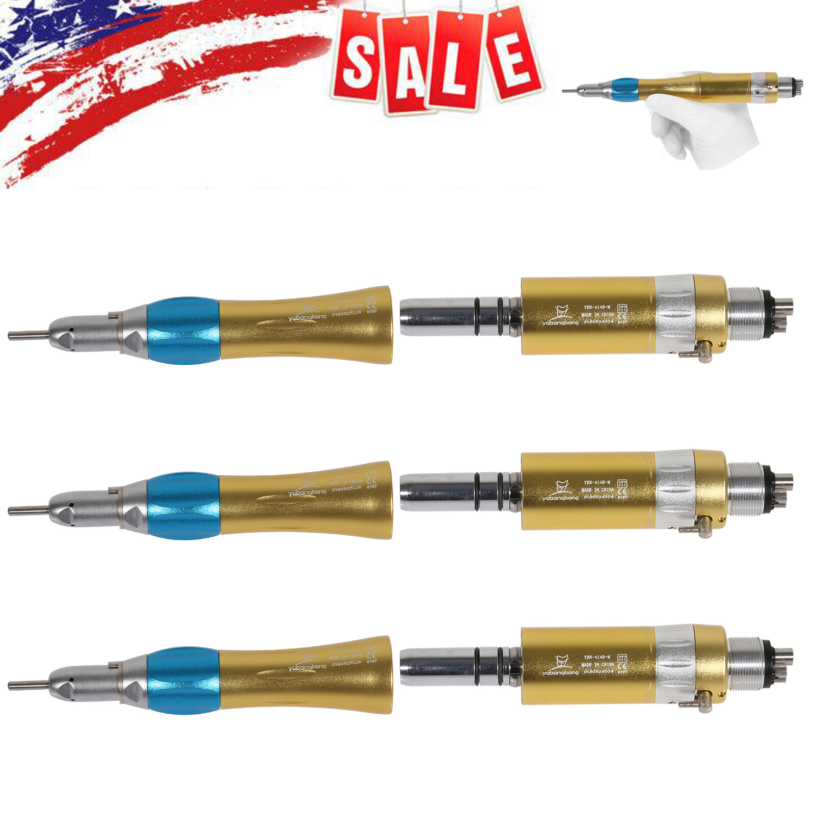1-10 NSK Style Dental Straight Nosecone Handpiece / Air Motor 4-Holes Slow Gold
