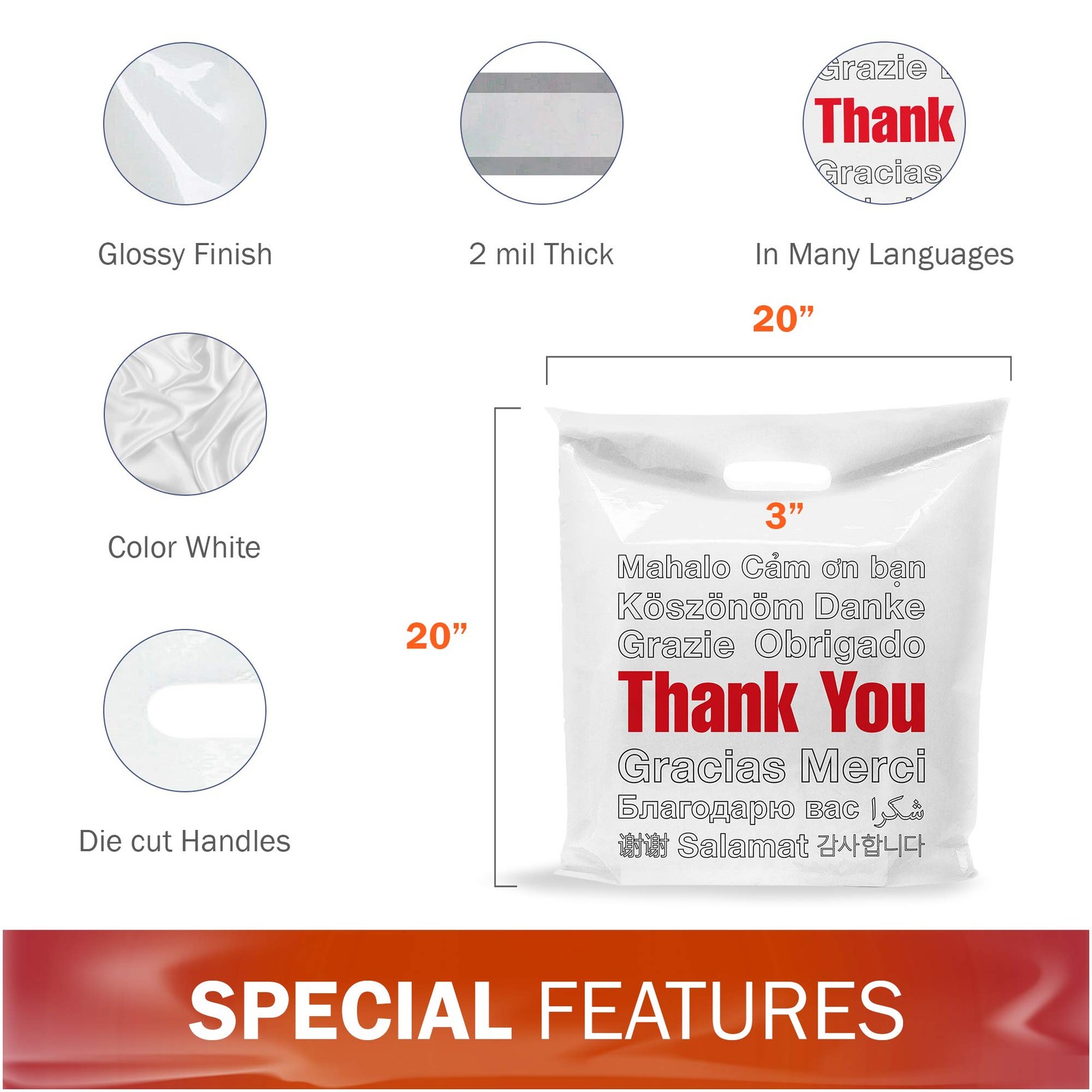 20×20 White Thank You Merchandise Bags, Multi-Language Design, Extra Large Si…