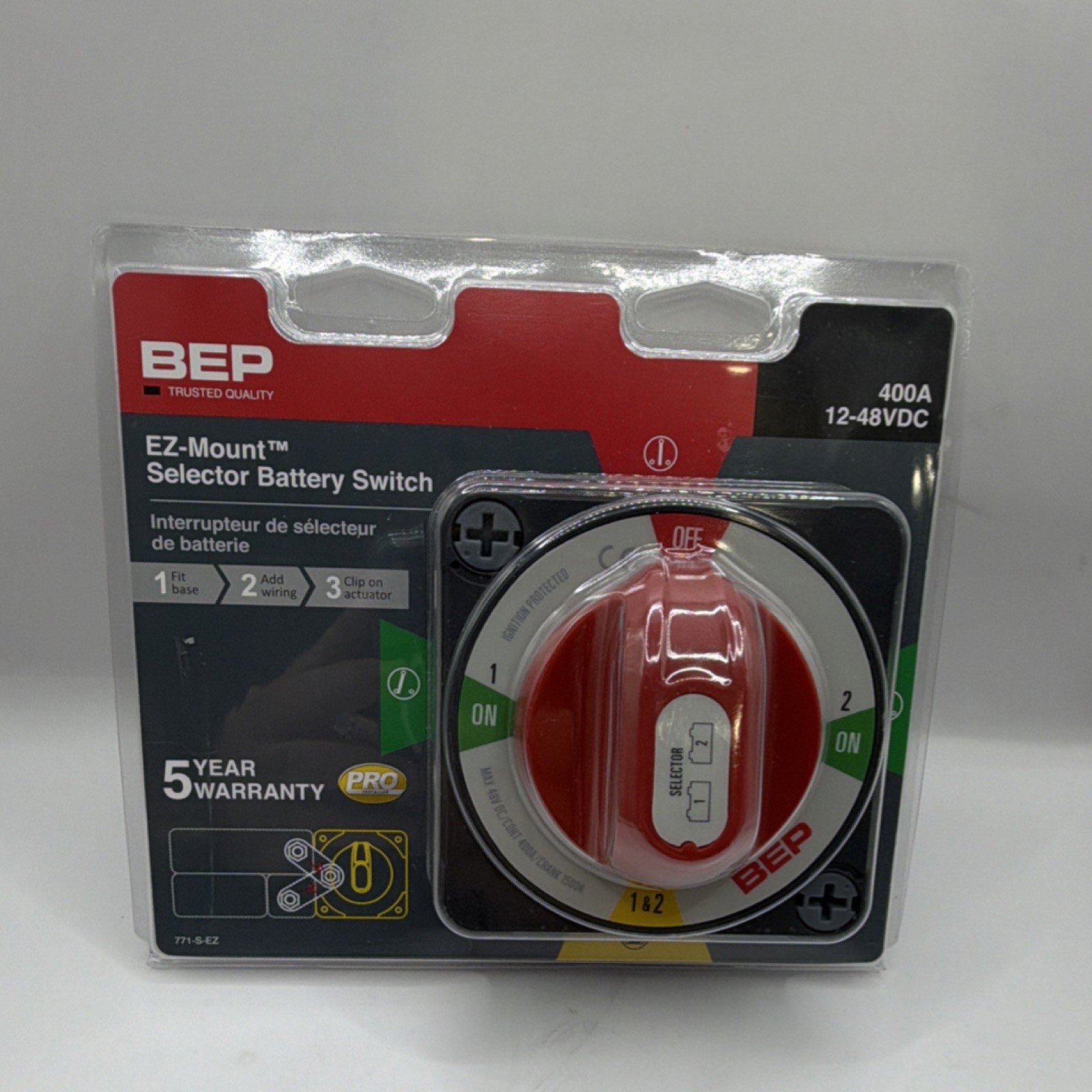 BEP EZ-Mount Selector Battery Switch 400A 12-48VDC Rotary Red Plastic