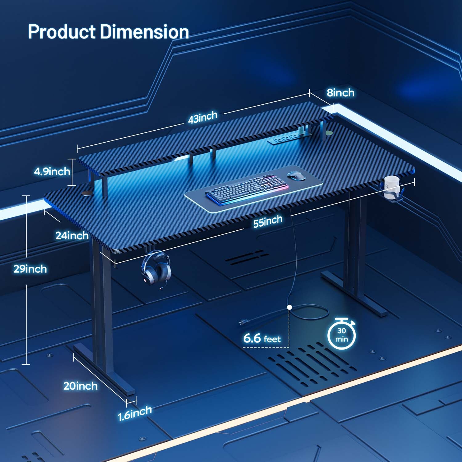 Gaming Desk with LED Lights & Power Outlet, Gamer Desk with Monitor Stand