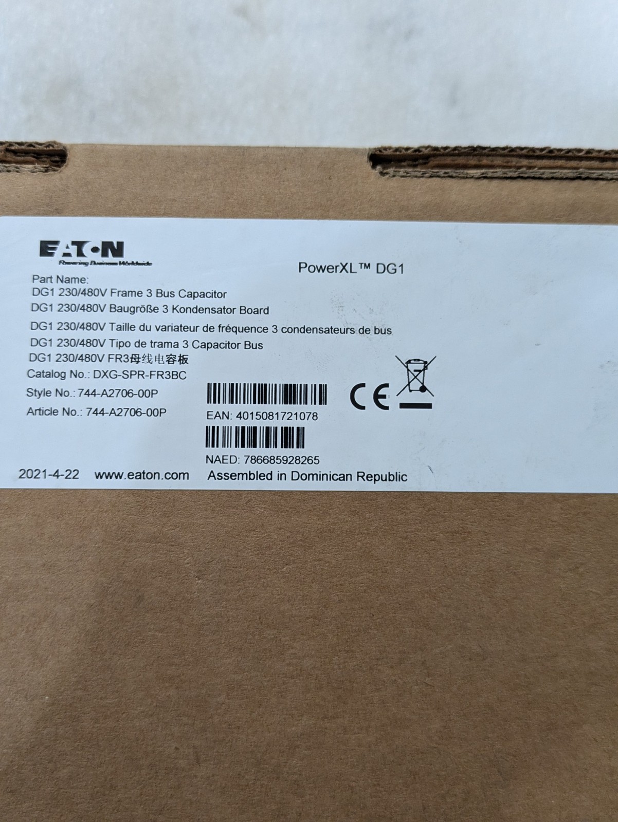 EATON POWERXL FG1 DXG-SPR-FR3BC 230/480V FRAME 3 BUS CAPACITOR