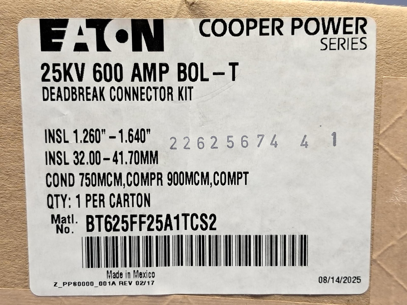 Eaton Cooper BT625FF25A1TCS2 Deadbreak Elbow Kit 16kV 600A – NEW