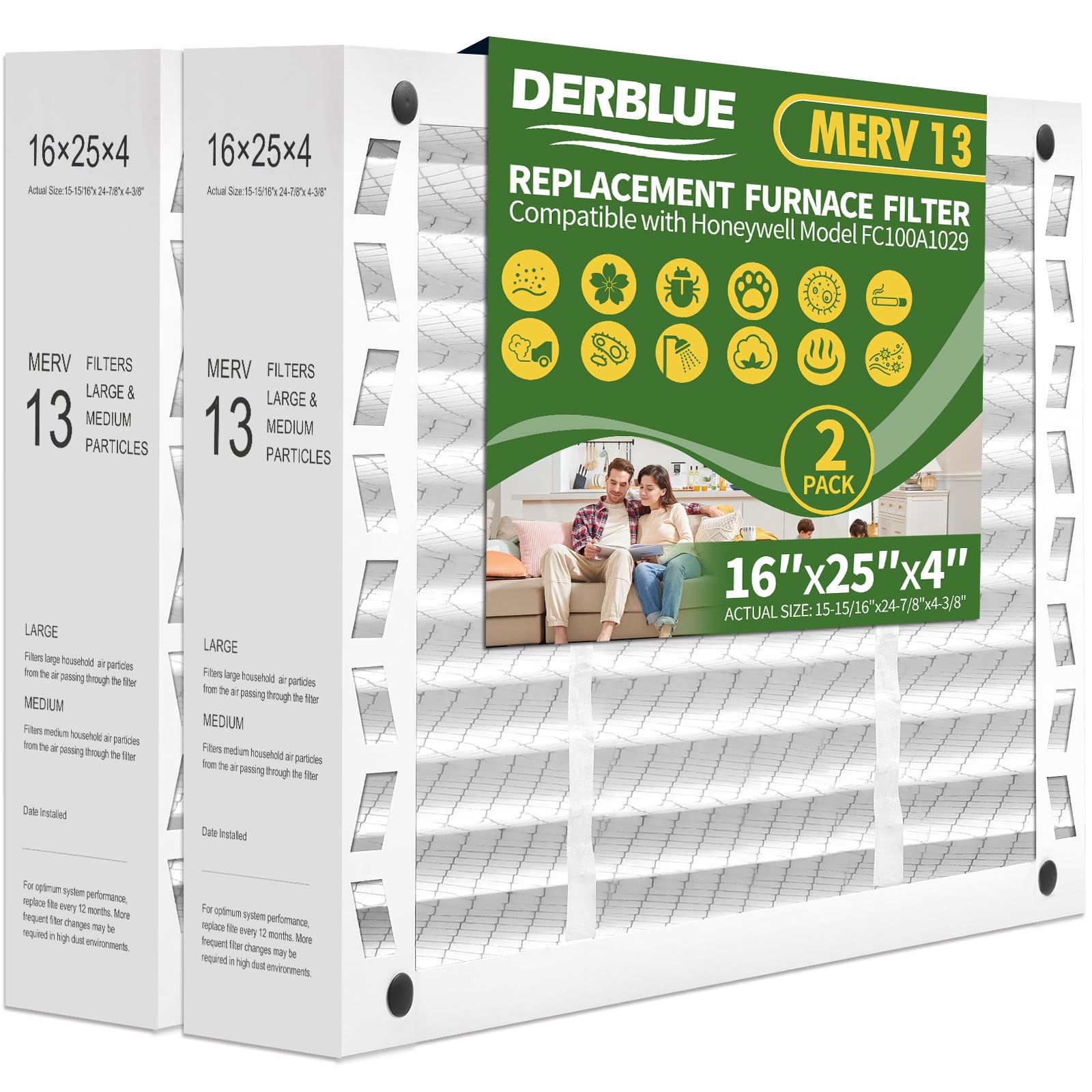 DerBlue 2PACK 16x25x4 MERV 13 Furnace Filter Replacement Compatible with…