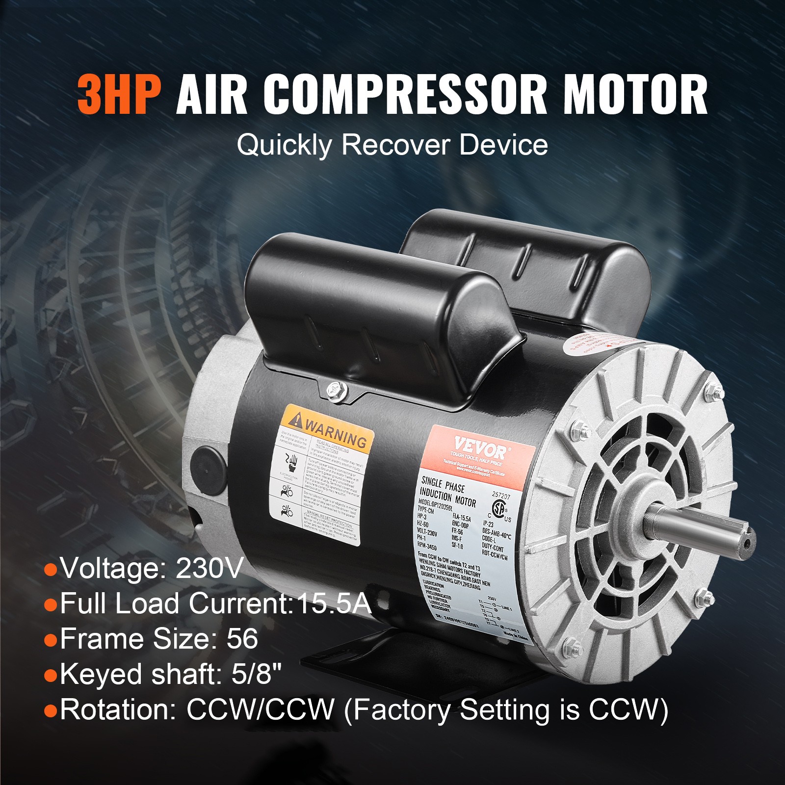 VEVOR 3HP Air Compressor Electric Motor 15.5A 3450RPM 56 Frame CW/CCW Rotation