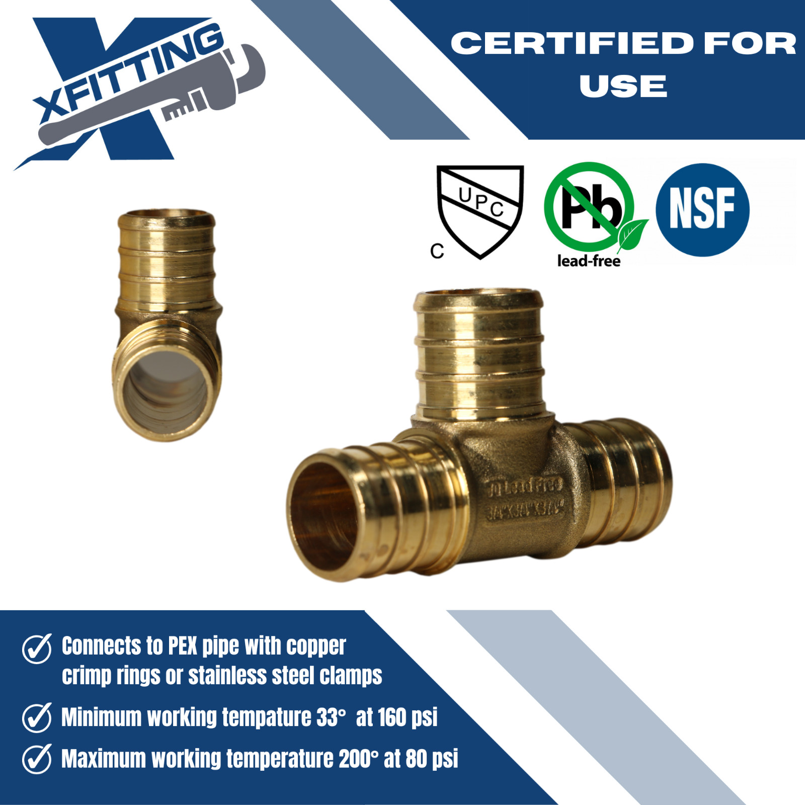 10 Pack XFITTING 3/4″ x 3/4″ x 3/4″ Pex-B Tee, 3/4 Pex Barb Crimp, Lead Free