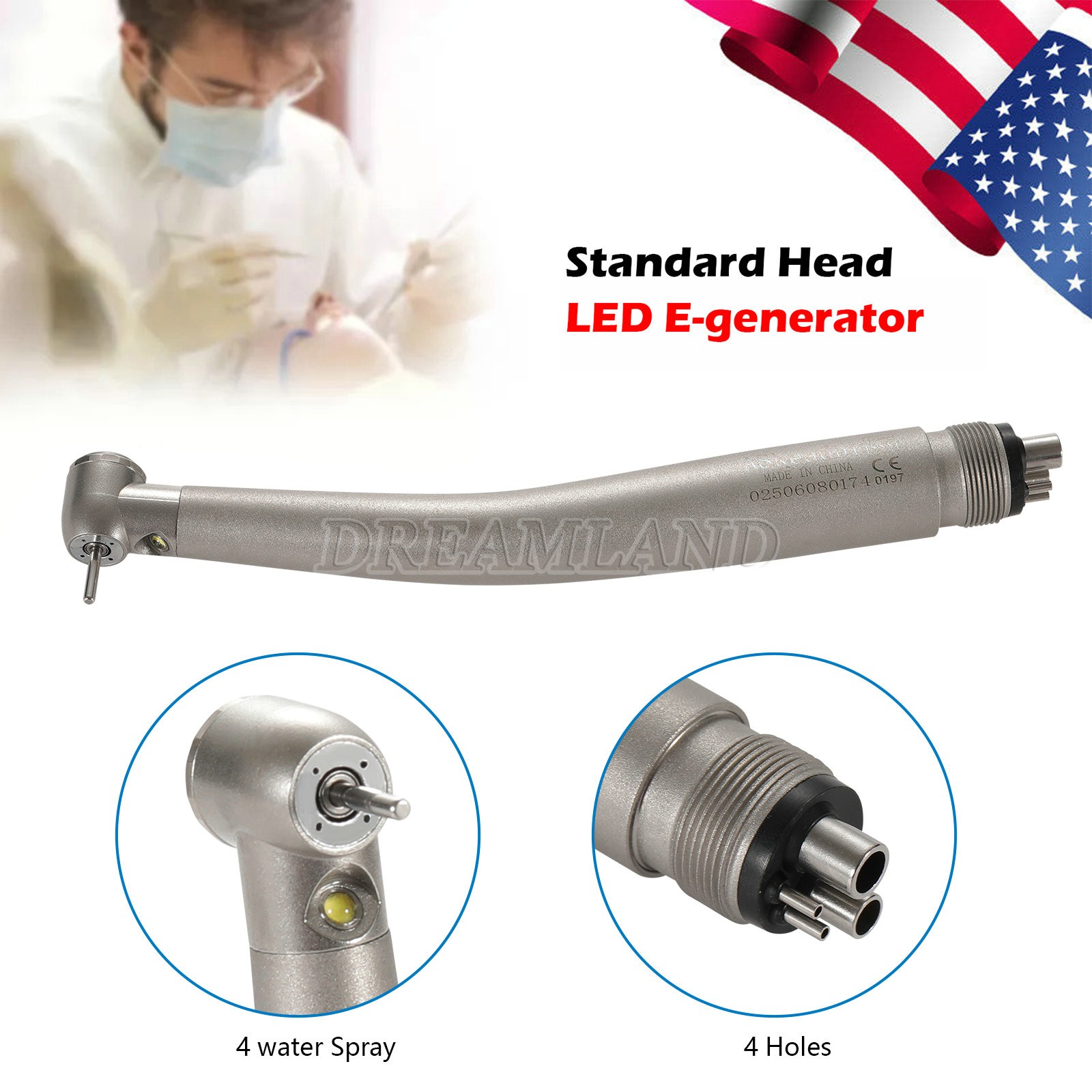 LED E-generator Fiber Optic 4 Water Spray Handpiece 4H Standard Head Dental