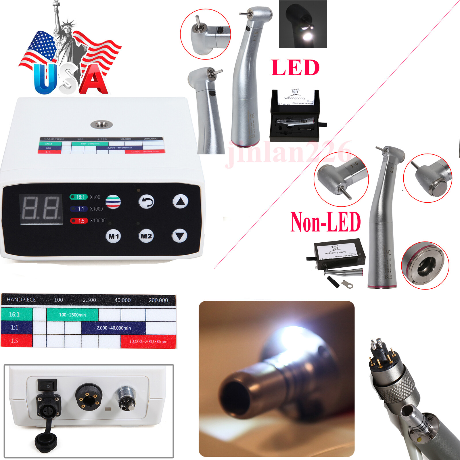 NSK Style Dental LED Brushless Electric Micro Motor/ 1:5 Increasing Handpiece US