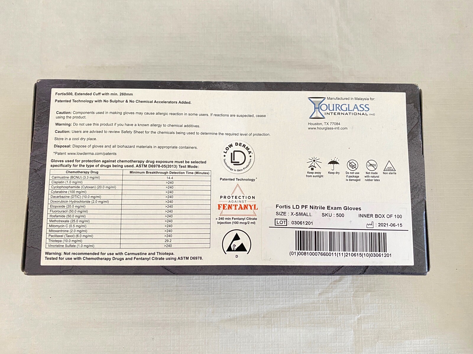 (~180 Pc) HOURGLASS Fortis500 Low Derma Nitrile Exam Gloves – XSmall Matte Black