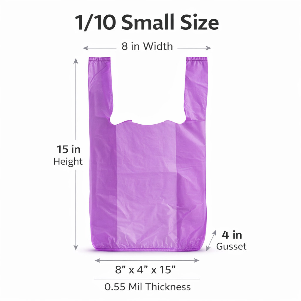 Purple T-Shirt Bags 1/10 Small 8x4x15 Medium- Duty 0.55 Mil Bulk Pack