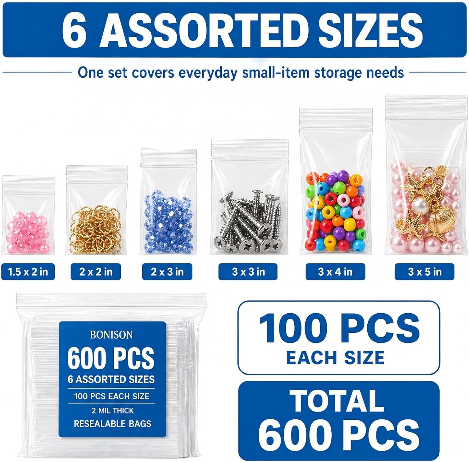600 Pack Small Plastic Baggies 6 Assorted Sizes. 1.5X2 2X2 2X3 3X3 3X4 3X5 Inch