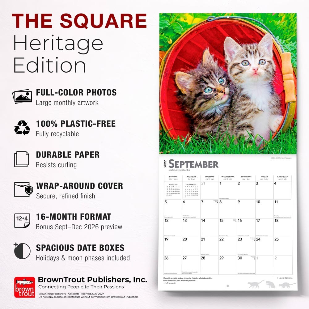 I Love Kittens | 2027 12×24″ (Hanging) Square Wall Calendar | Plastic-Free