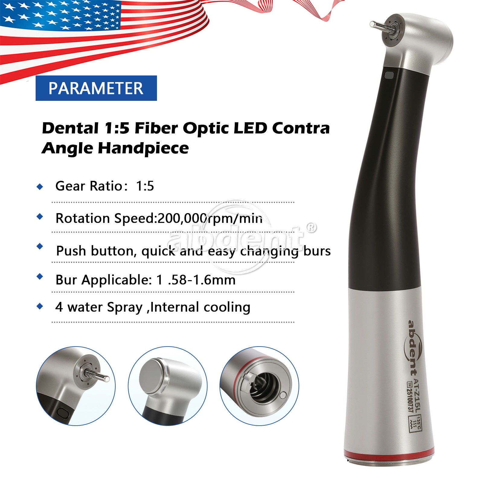 Dental 1:5 Increasing High Speed Fiber Optic LED Contra Angle Handpiece abdent