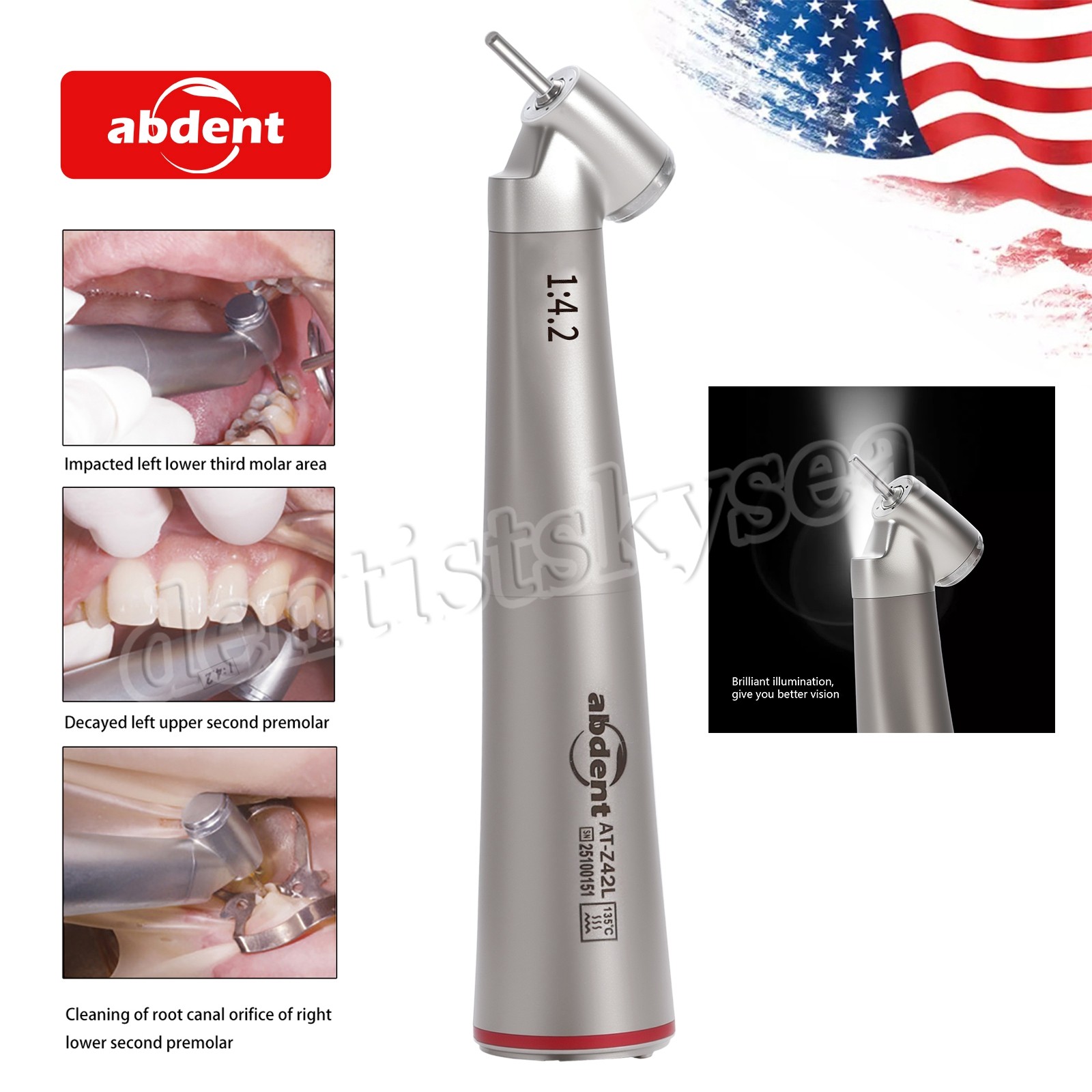 Abdent Dental 1:4.2 LED Fiber Optic Quattro Spray Contra Angle Handpiece