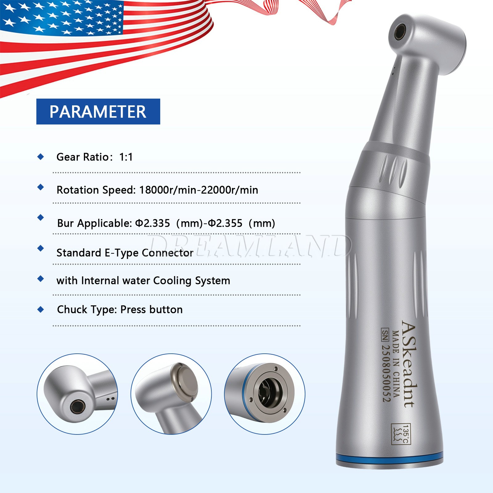 ASkeadnt Low Speed Handpiece 1:1 Inner Channel Contra Angle Max40, 000rpm