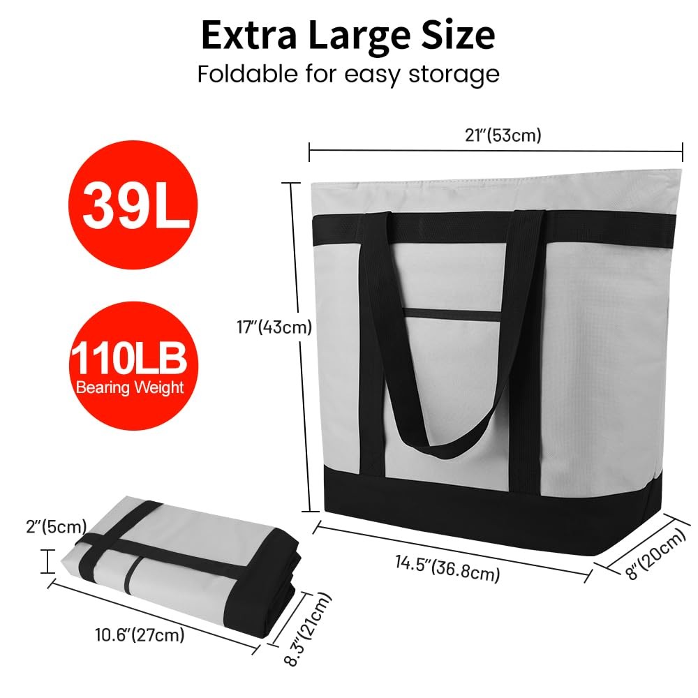 Insulated Grocery Tote Bag Large Reusable Cooler Bags w/ Zipper Leakproof Grey