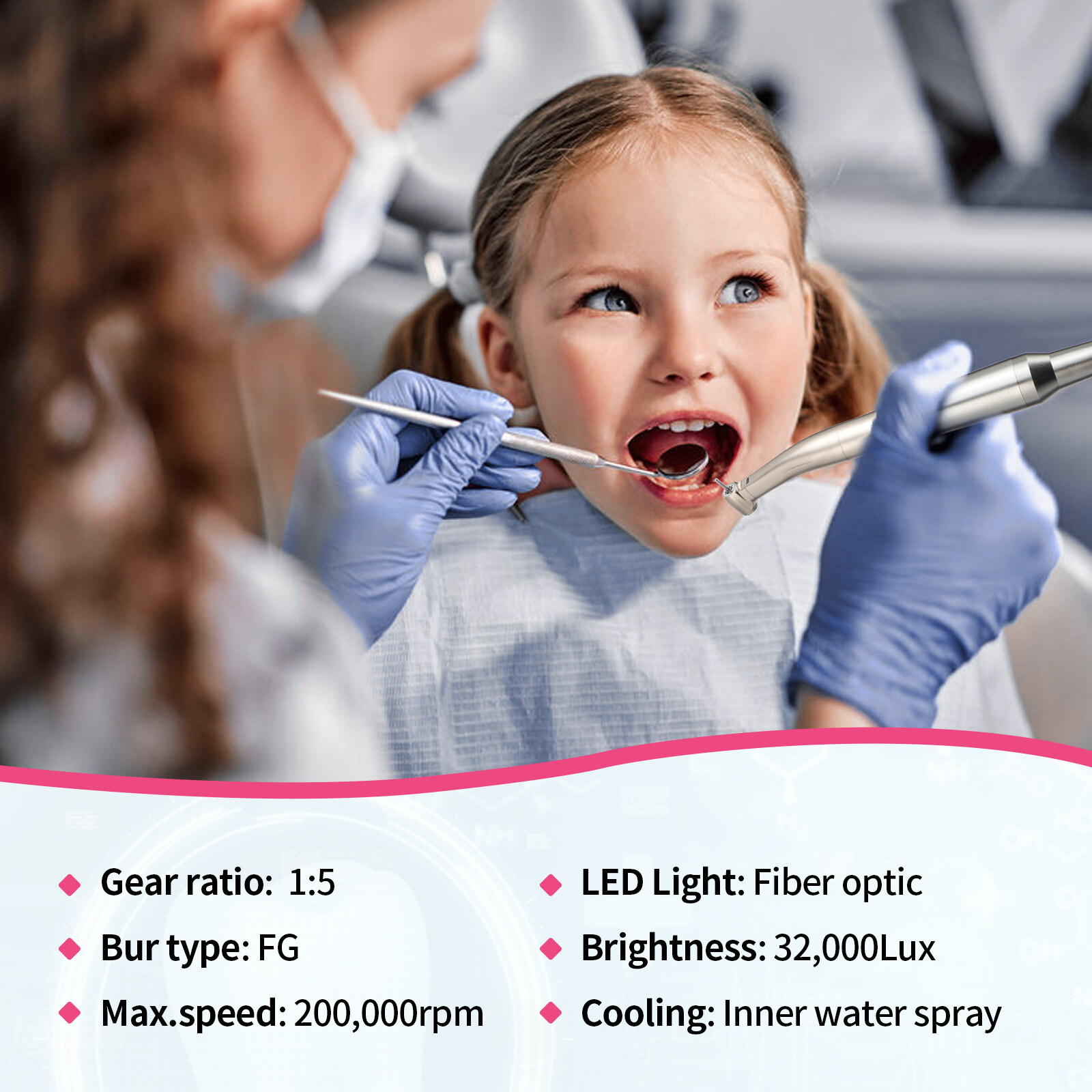Dental Electric LED Brushless Micro Motor 1:5 Increasing Handpiece 3 Speed Range