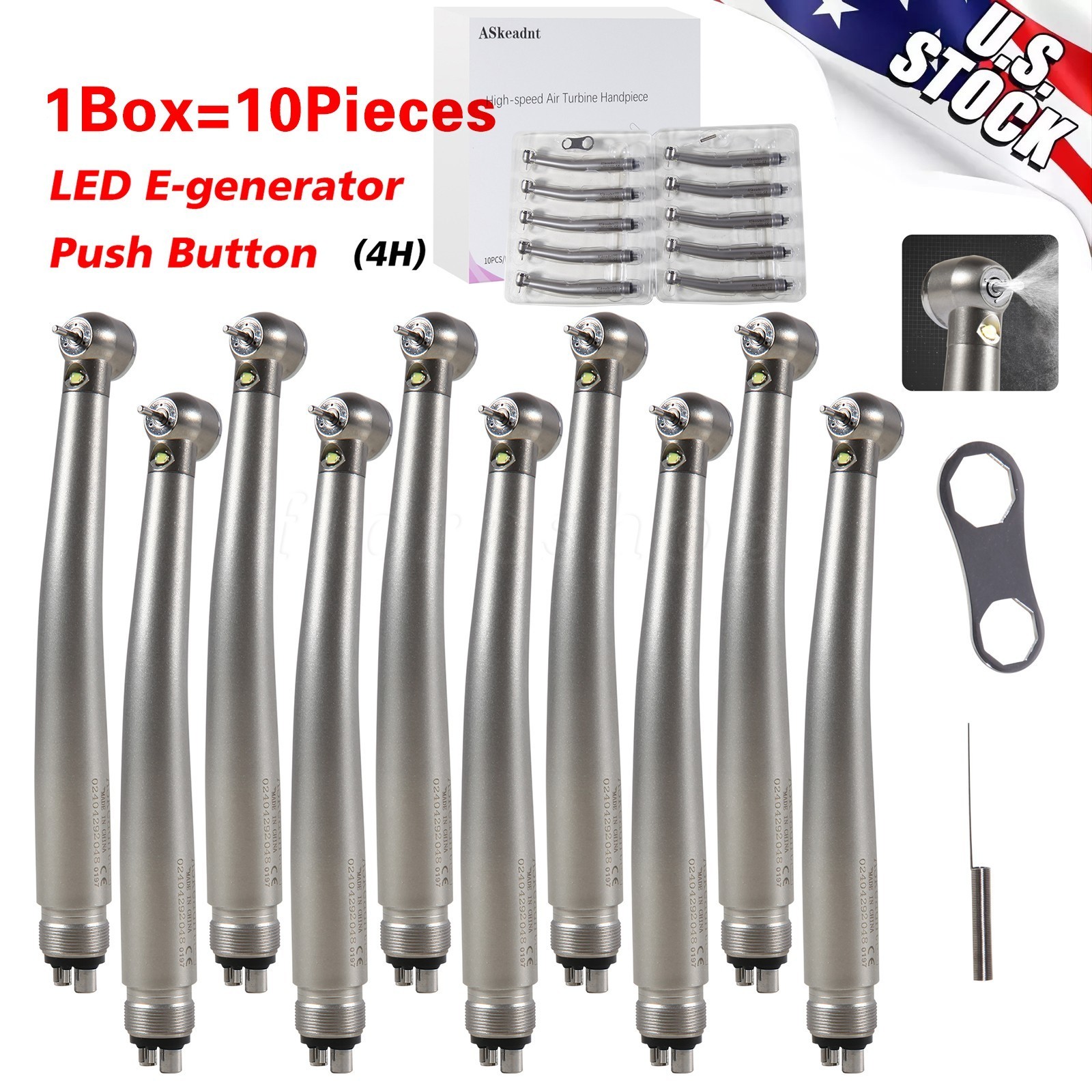 10 PCS Dental LED E-Generator Fiber Optic High Speed Handpiece 4 Hole NSK Style
