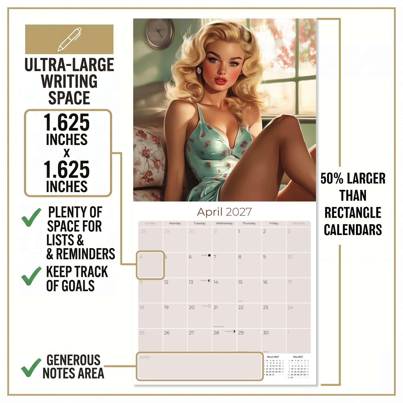 Retro Pin Ups Wall Calendar 2025 FULL SIZE 12×24 Made in USA