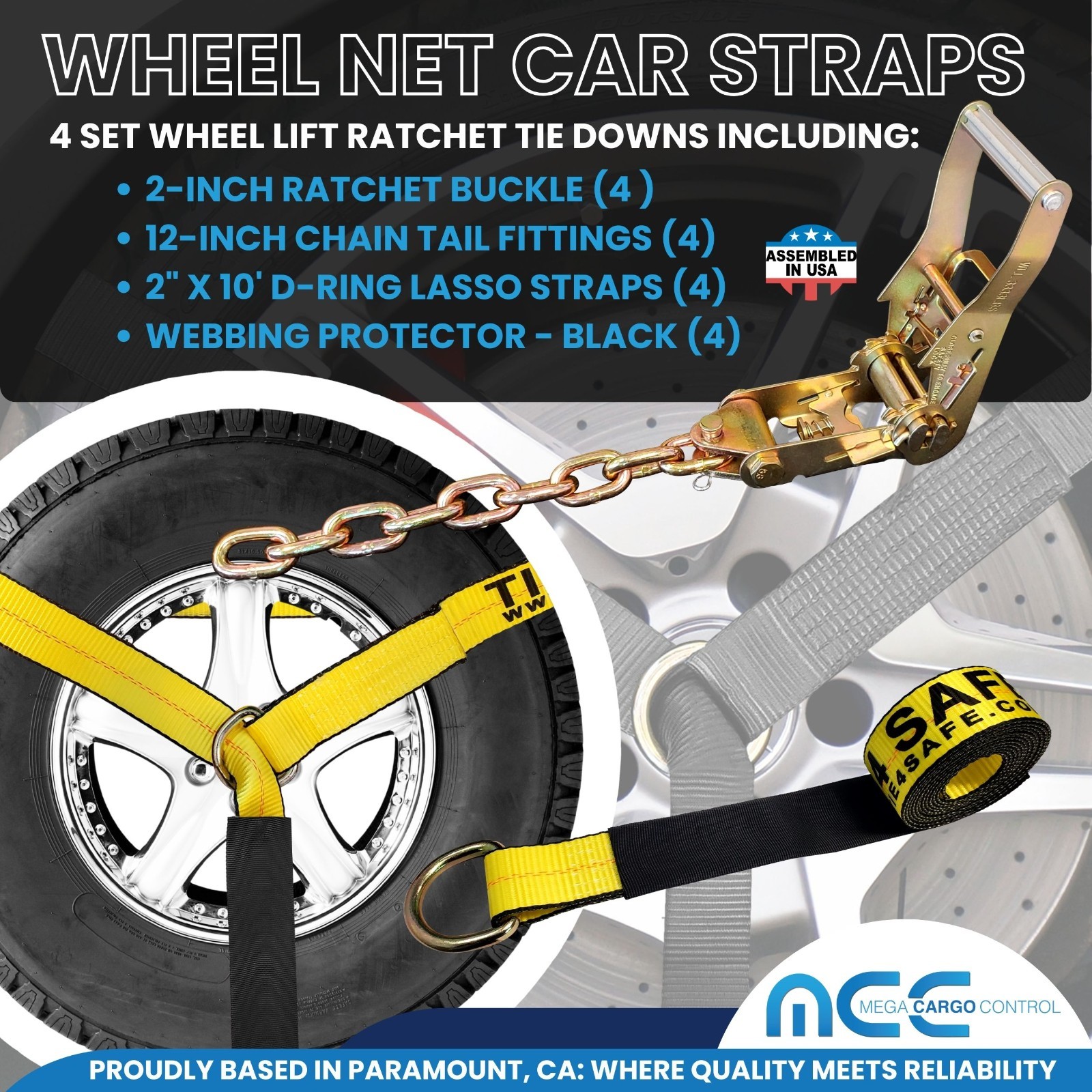 16 Pcs 2″ x 10′ Ratchet Wheel Lift Lasso Strap w/ Chain Extension For Tow Truck