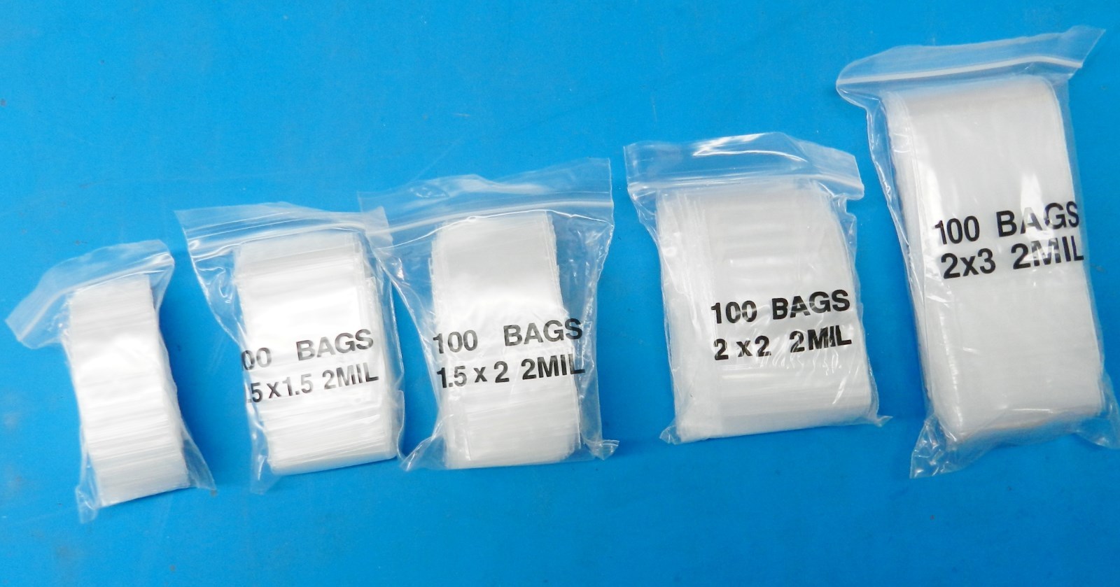500 ASSORTED Clear 2 mil Bags 5 Sizes 100@ – 1×1 1-1/2×1-1/2 1-1/2×2 2×2 2×3