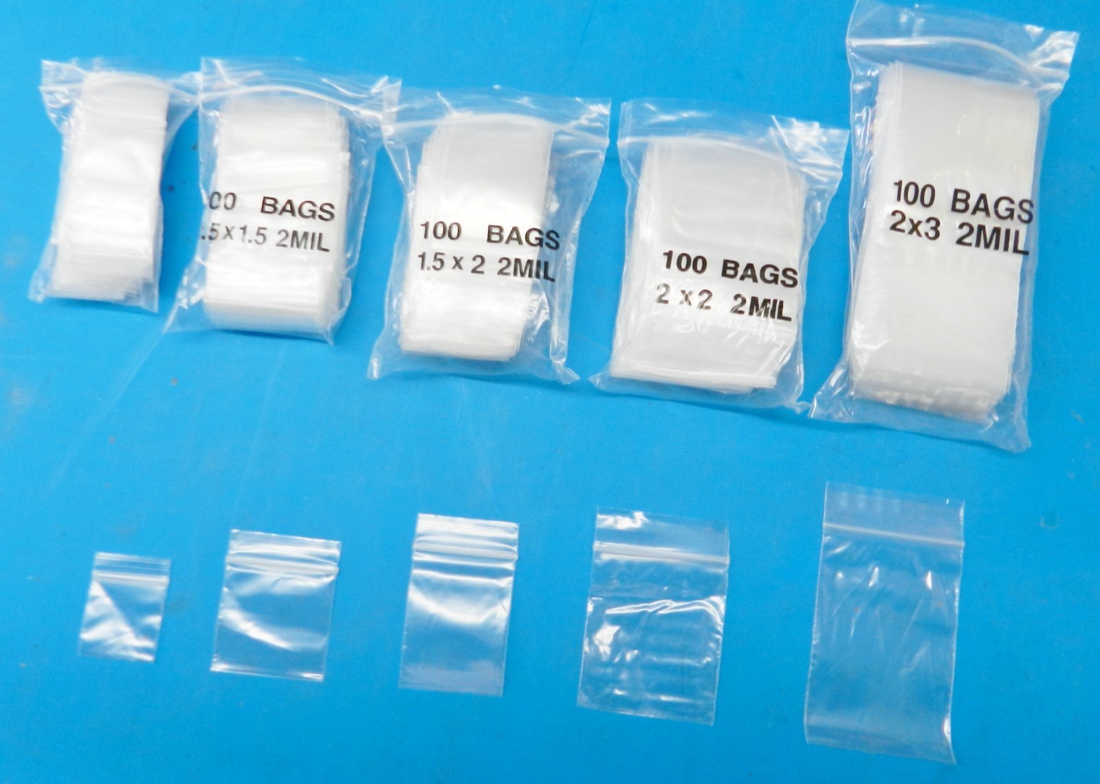 500 ASSORTED Clear 2 mil Bags 5 Sizes 100@ – 1×1 1-1/2×1-1/2 1-1/2×2 2×2 2×3
