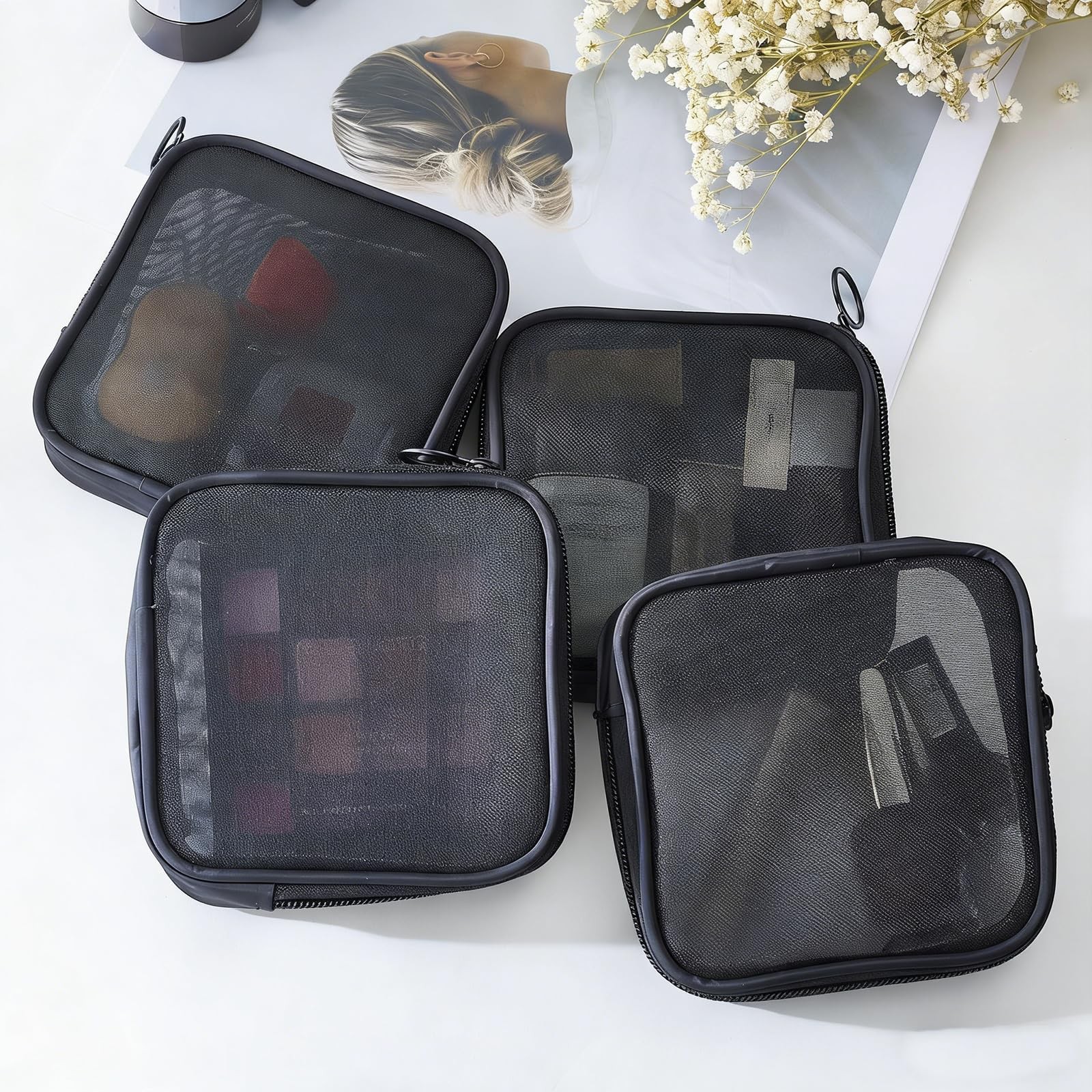 Fnuqz 4 Pcs Mesh Cosmetic Bag Transparent Zipper Mini Black