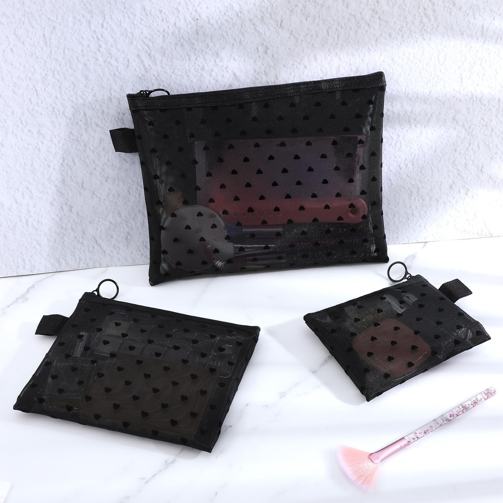 3pcs Mesh Cosmetic Bags with Zipper, 3 Sizes of Heart Print Pouches for Purse…