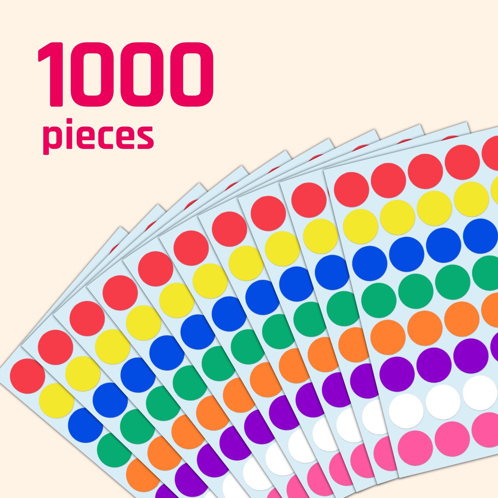 1000 Pack, 1 inch – Colored Round Circle Dot Stickers, 1000 Pieces, 8 Colors