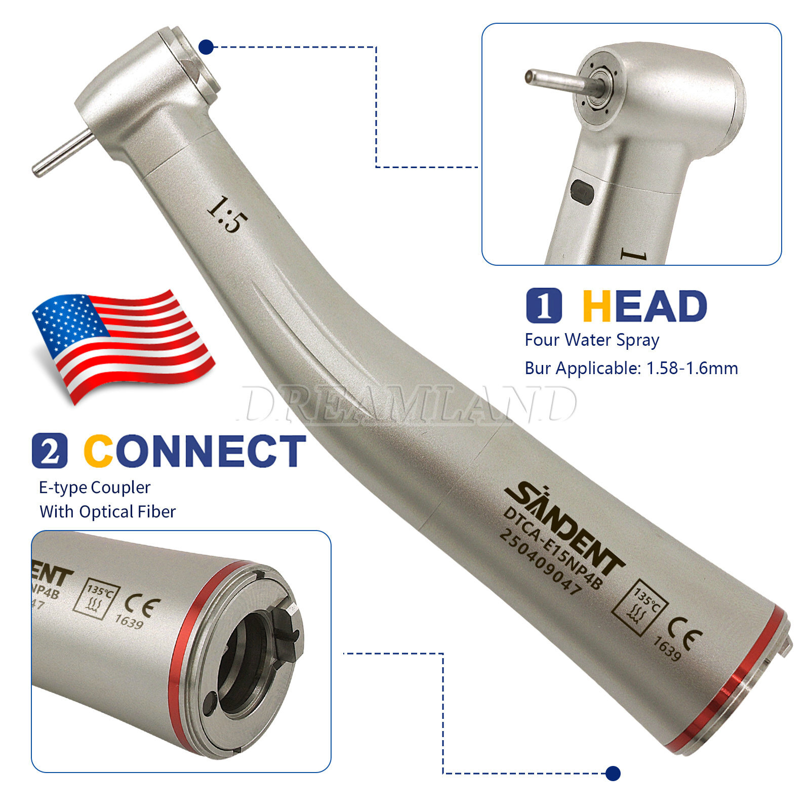 Dental 1:5 LED Fiber Optic Contra Angle Handpiece 4 Sprays Fit NSK Ti-MAX X95L