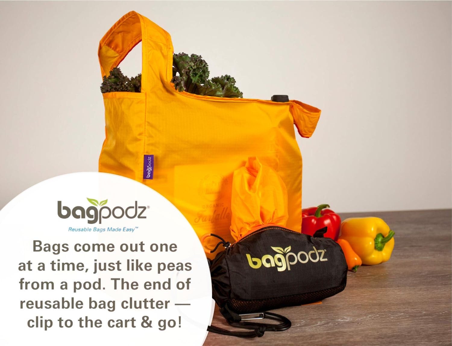 BagPodz Sturdy Reusable Grocery Bags Foldable and 5-Pack, Orange – 5