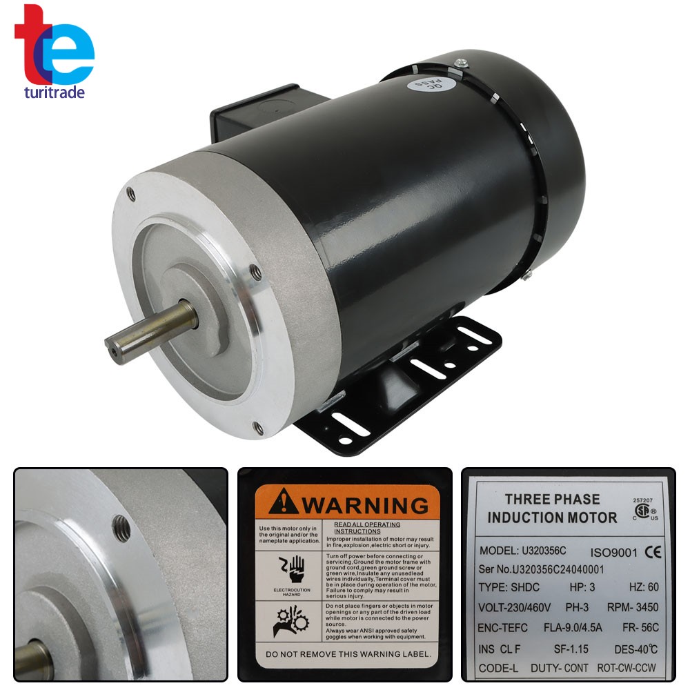 3 HP General Purpose Electric Motor 3 Phase 56C Frame 3450 RPM TEFC 230/460V