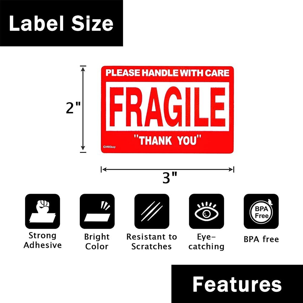 Fragile 2″x3″ Handle with Care Thank You Shipping Stickers 500 Labels Per Roll