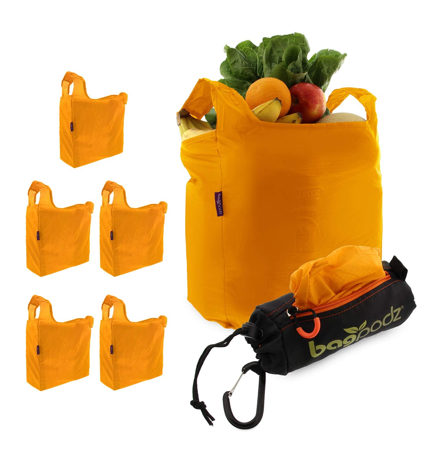 BagPodz Sturdy Reusable Grocery Bags Foldable and 5-Pack, Orange – 5